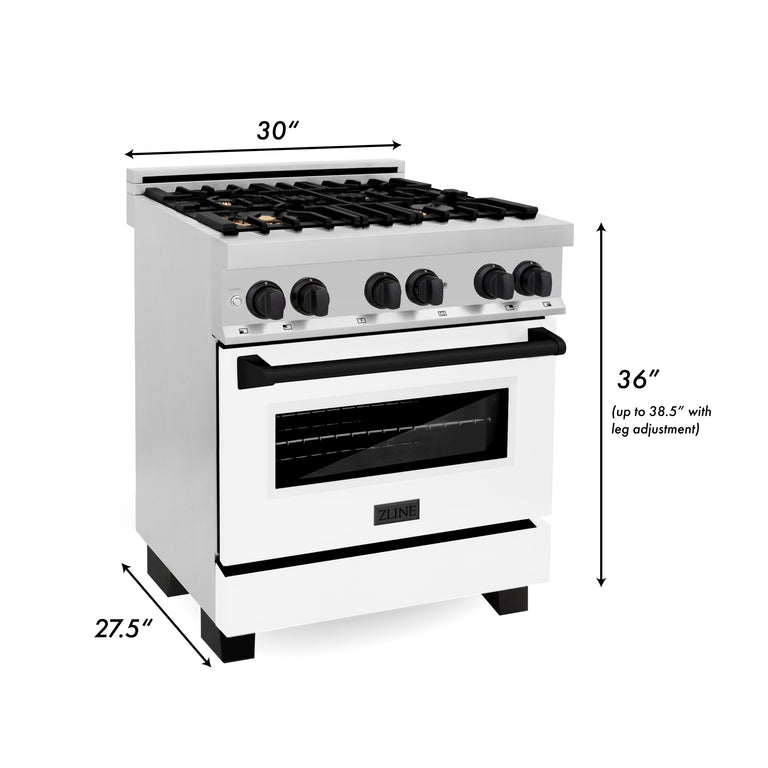 ZLINE Autograph Edition 30 in. Dual Fuel Range with Gas Stove and Electric Oven with White Matte Door and Matte Black Accents, RAZ-WM-30-MB