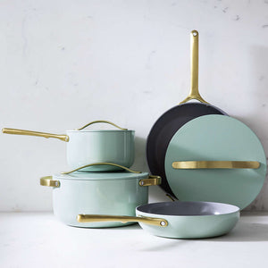 Caraway Non-Toxic and Non-Stick Cookware Set in Silt Green with Gold Handles