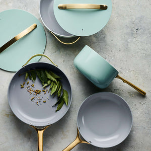 Caraway Non-Toxic and Non-Stick Cookware Set in Silt Green with Gold Handles