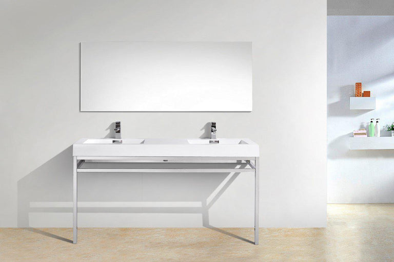 KubeBath Haus 60 in. Double Sink Stainless Steel Console w/ White Acrylic Sink - Chrome, CH60D