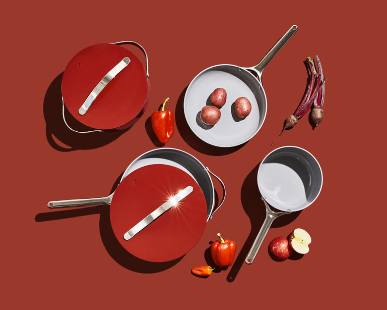 Caraway Red Cookware Set with Vegetables