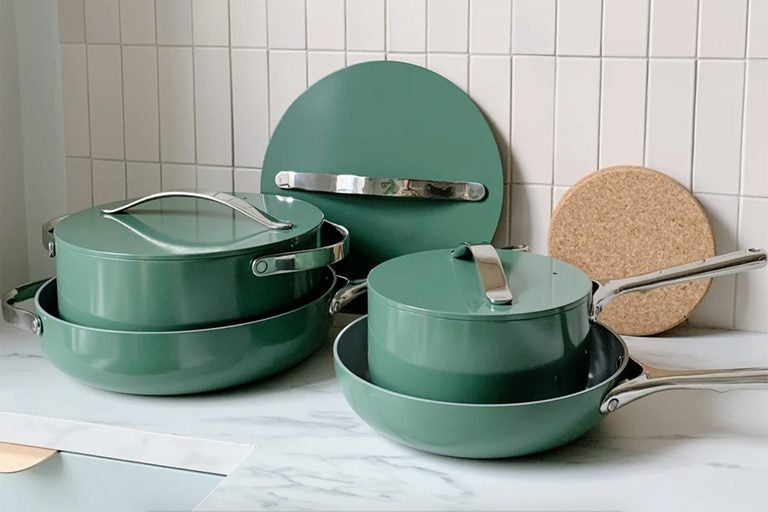Caraway Cookware Set in Sage on Countertop