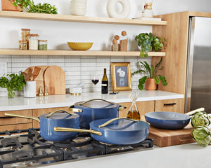 Caraway Non-Toxic and Non-Stick Cookware Set in Sapphire with Gold Handles