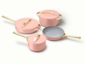 Caraway Non-Toxic and Non-Stick Cookware Set in Rose Quartz with Gold Handles