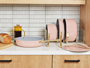 Caraway Non-Toxic and Non-Stick Cookware Set in Rose Quartz with Gold Handles
