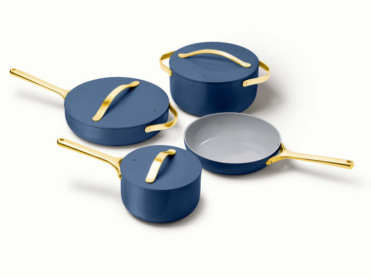 Caraway Non-Toxic and Non-Stick Cookware Set in Sapphire with Gold Handles