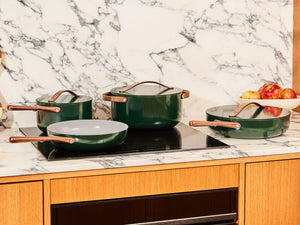 Caraway Non-Toxic and Non-Stick Cookware Set in Emerald with Copper Handles