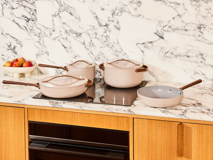 Caraway Non-Toxic and Non-Stick Cookware Set in Stone with Copper Handles