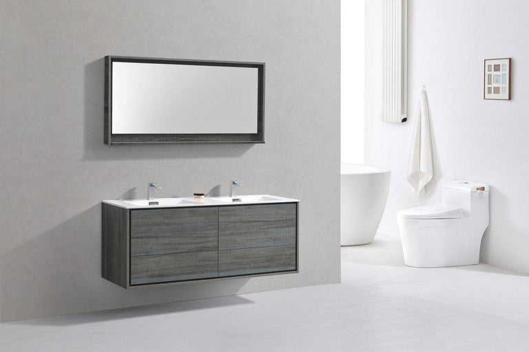 KubeBath De Lusso 60 in. Double Sink Wall Mount Modern Bathroom Vanity - Ocean Gray, DL60D-BE