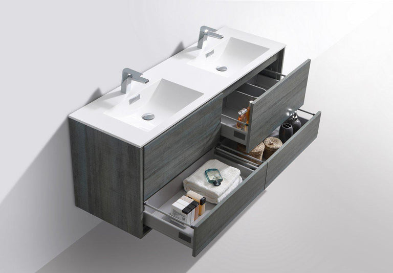 KubeBath De Lusso 60 in. Double Sink Wall Mount Modern Bathroom Vanity - Ocean Gray, DL60D-BE