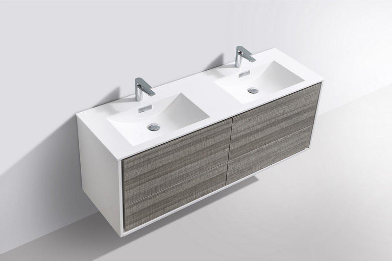 KubeBath De Lusso 60 in. Double Sink Wall Mount Modern Bathroom Vanity - Ash Gray, DL60D-HGASH