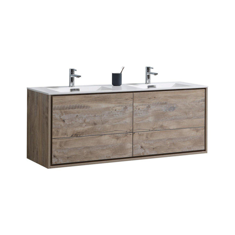 KubeBath DeLusso 60 in. Double Sink Wall Mount Modern Bathroom Vanity - Nature Wood, DL60D-NW