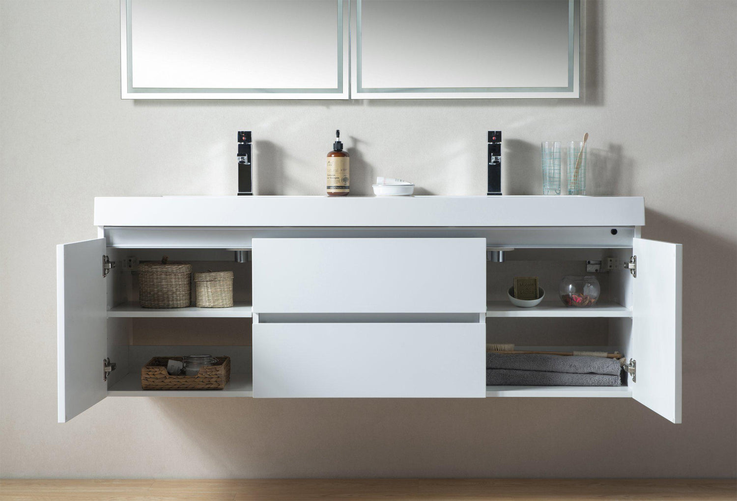 Vanity Art LED Lighted Wall-Hung Double-Sink Vanity With Resin Top, 60"