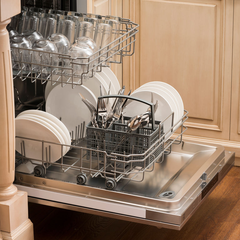 ZLINE 24 Inch Dishwasher with Clean Dishes on the Racks