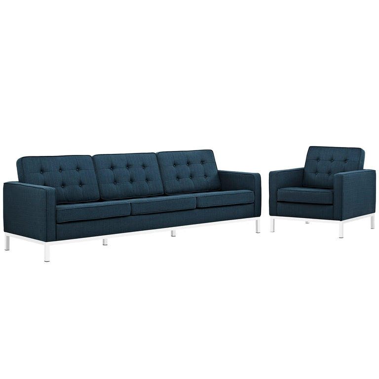 Loft 2 Piece Upholstered Fabric Sofa and Armchair Set in Azure, EEI-2443-AZU-SET
