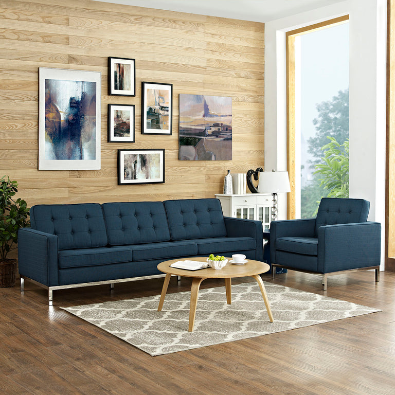 Loft 2 Piece Upholstered Fabric Sofa and Armchair Set in Azure, EEI-2443-AZU-SET