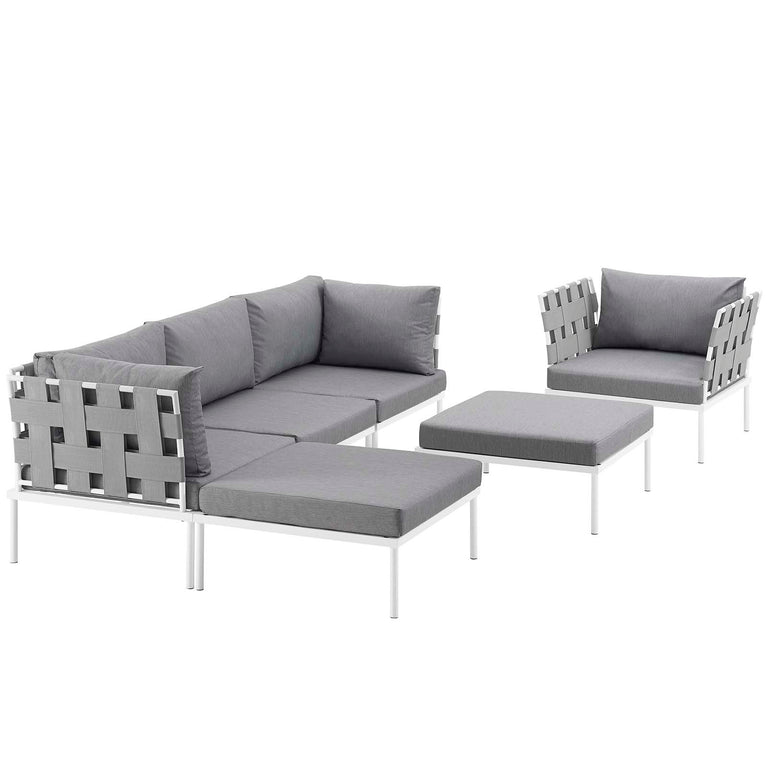 Harmony 6 Piece Outdoor Patio Aluminum Sectional Sofa Set in White Gray, EEI-2626-WHI-GRY-SET
