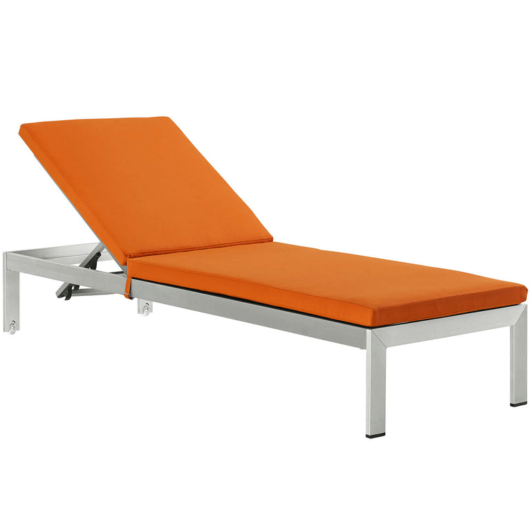 Shore Outdoor Patio Aluminum Chaise with Cushions in Silver Orange, EEI-2660-SLV-ORA