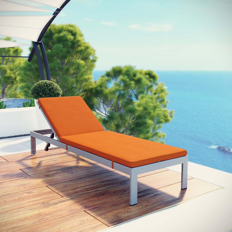 Shore Outdoor Patio Aluminum Chaise with Cushions in Silver Orange, EEI-2660-SLV-ORA