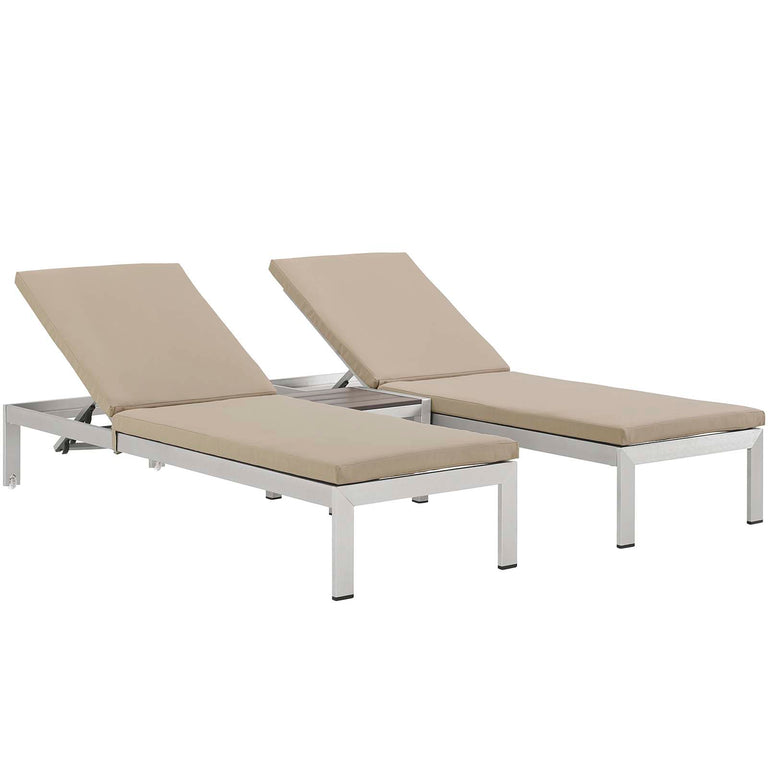 Shore 3 Piece Outdoor Patio Aluminum Chaise with Cushions in Silver Beige, EEI-2736-SLV-BEI-SET