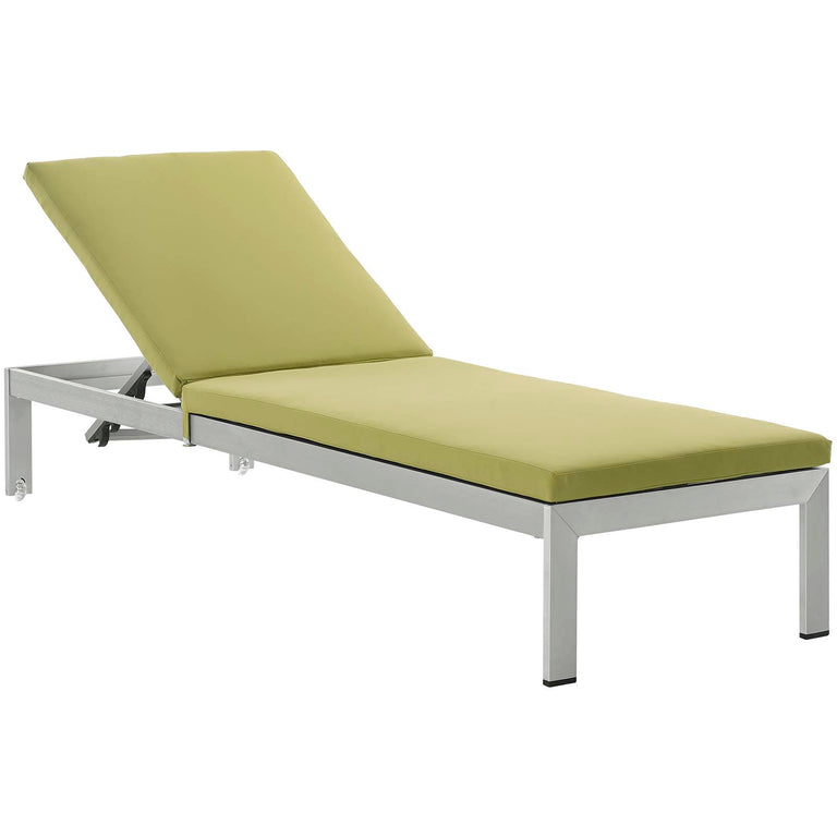 Shore 3 Piece Outdoor Patio Aluminum Chaise with Cushions in Silver Peridot, EEI-2736-SLV-PER-SET