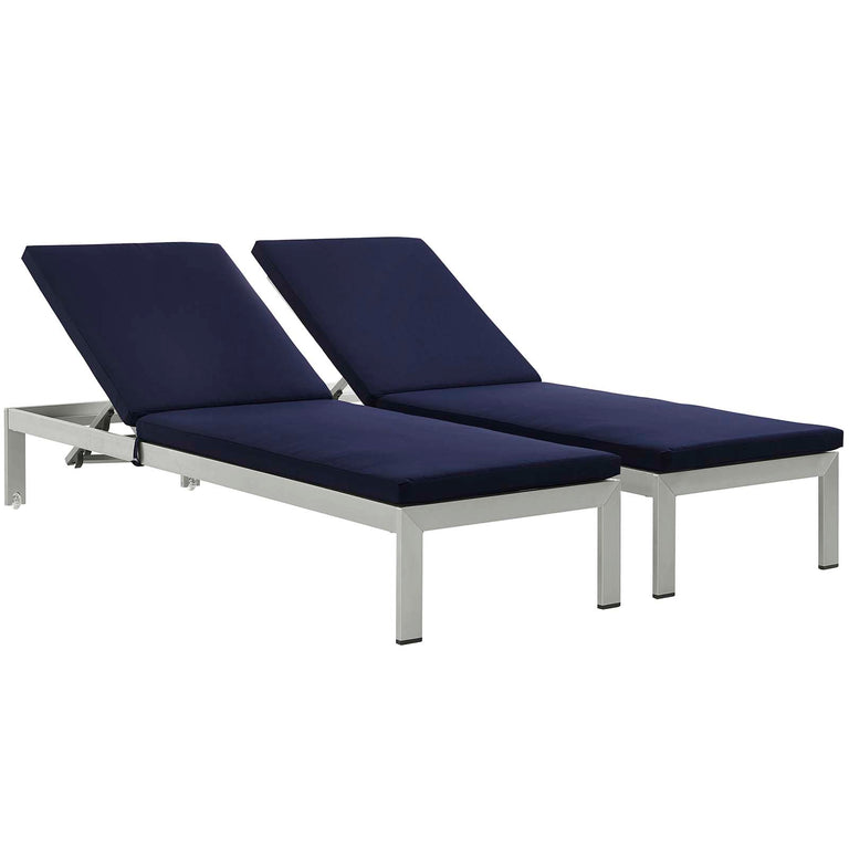Shore Chaise with Cushions Outdoor Patio Aluminum Set of 2 in Silver Navy, EEI-2737-SLV-NAV-SET