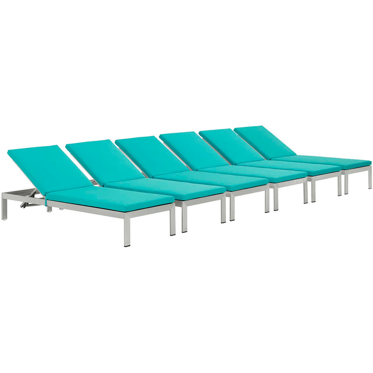 Shore Chaise with Cushions Outdoor Patio Aluminum Set of 6 in Silver Turquoise, EEI-2739-SLV-TRQ-SET