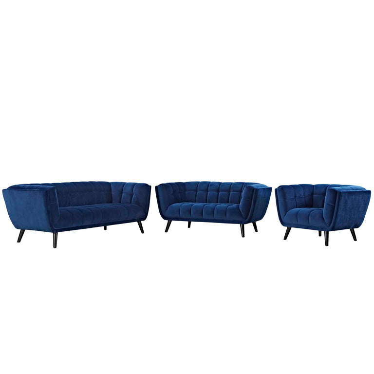 Bestow 3 Piece Performance Velvet Sofa Loveseat and Armchair Set in Navy, EEI-2978-NAV-SET