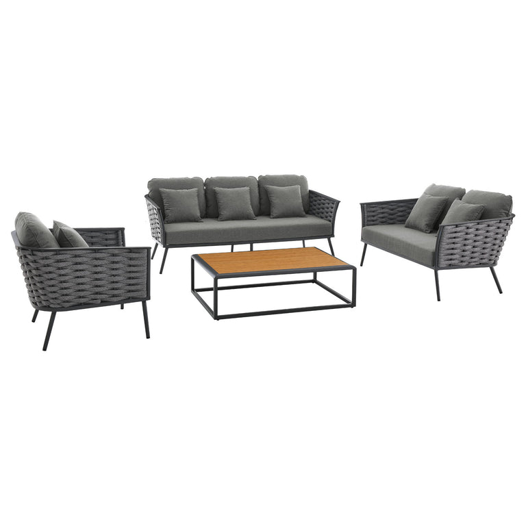 Stance 4 Piece Outdoor Patio Aluminum Sectional Sofa Set in Gray Charcoal, EEI-3161-GRY-CHA-SET