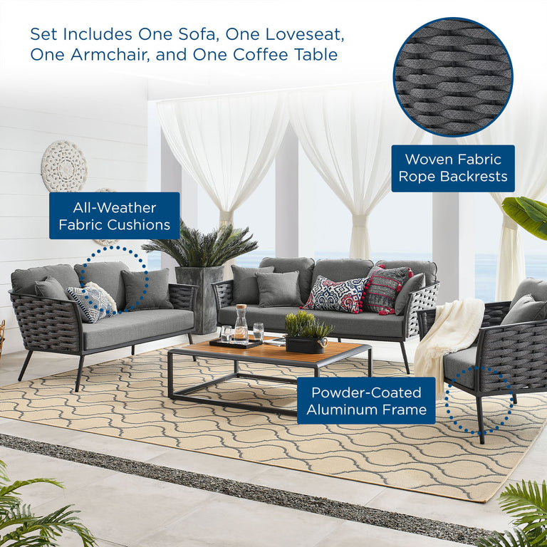 Stance 4 Piece Outdoor Patio Aluminum Sectional Sofa Set in Gray Charcoal, EEI-3161-GRY-CHA-SET