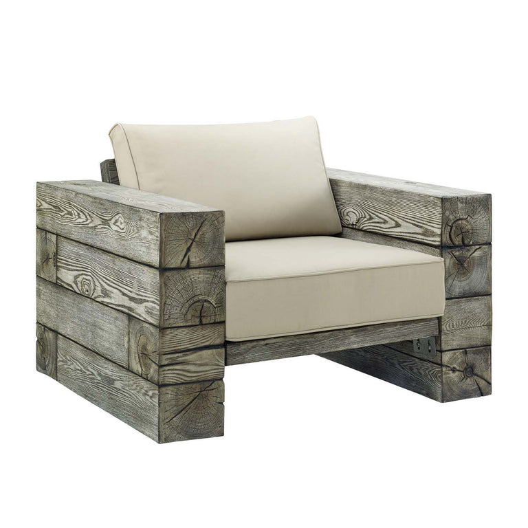 Manteo Rustic Coastal Outdoor Patio Sunbrella® Lounge Armchair Set of 2 in Light Gray Beige, EEI-3653-LGR-BEI