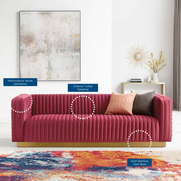 Charisma Channel Tufted Performance Velvet Living Room Sofa in Maroon, EEI-3886-MAR
