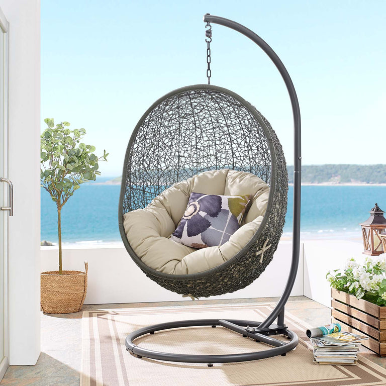 Hide Outdoor Patio Sunbrella® Swing Chair With Stand in Gray Beige, EEI-3929-GRY-BEI