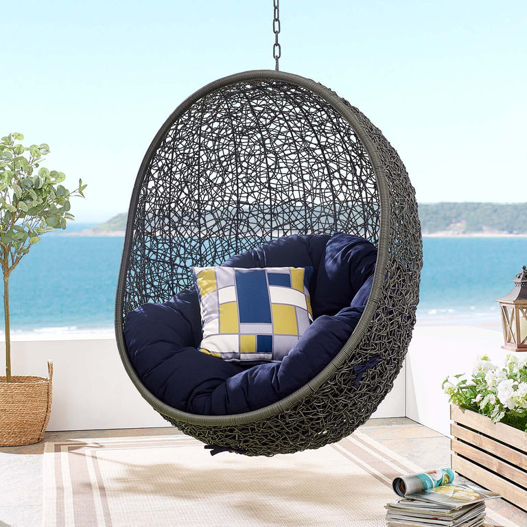 Hide Outdoor Patio Sunbrella® Swing Chair With Stand in Gray Navy, EEI-3929-GRY-NAV