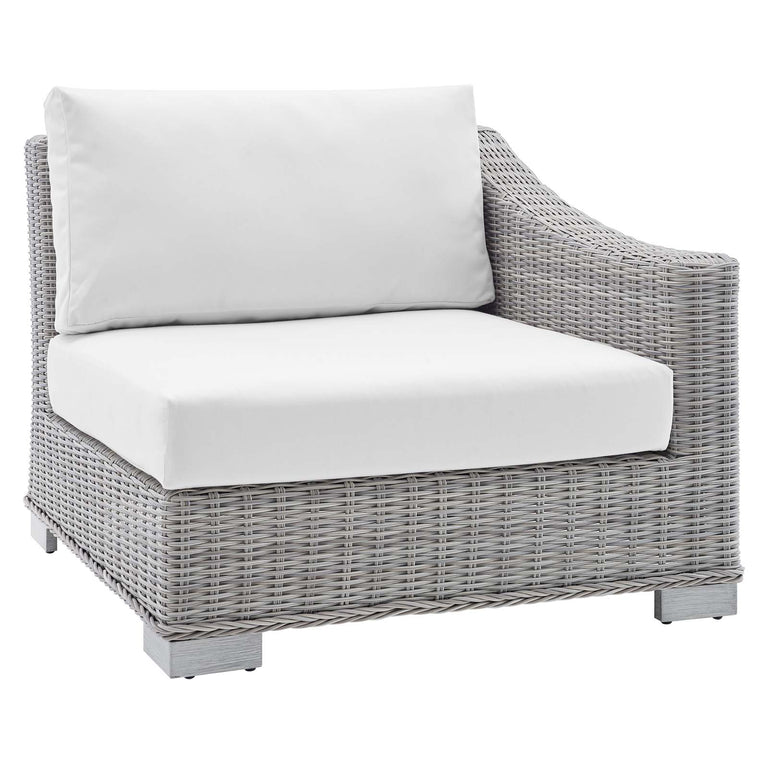 Conway Sunbrella® Outdoor Patio Wicker Rattan Right-Arm Chair in Light Gray White, EEI-3976-LGR-WHI