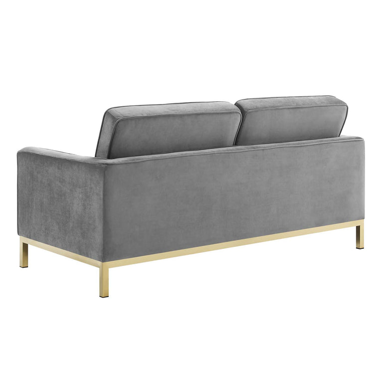 Loft Gold Stainless Steel Leg Performance Velvet Sofa and Loveseat Set in Gold Gray, EEI-4099-GLD-GRY-SET