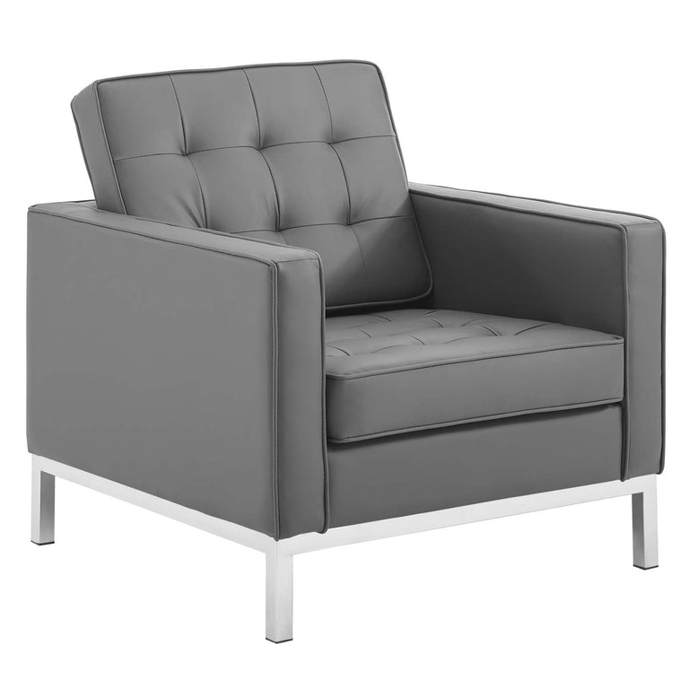 Loft Tufted Upholstered Faux Leather Sofa and Armchair Set in Silver Gray, EEI-4104-SLV-GRY-SET