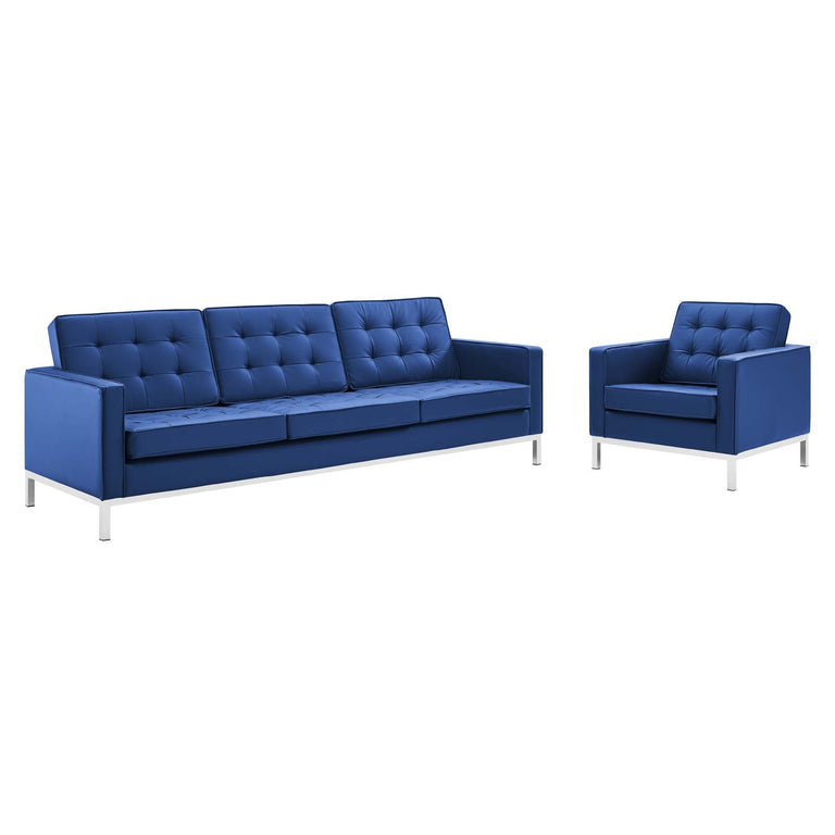 Loft Tufted Upholstered Faux Leather Sofa and Armchair Set in Silver Navy, EEI-4104-SLV-NAV-SET