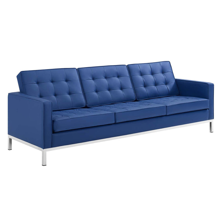 Loft Tufted Upholstered Faux Leather Sofa and Armchair Set in Silver Navy, EEI-4104-SLV-NAV-SET
