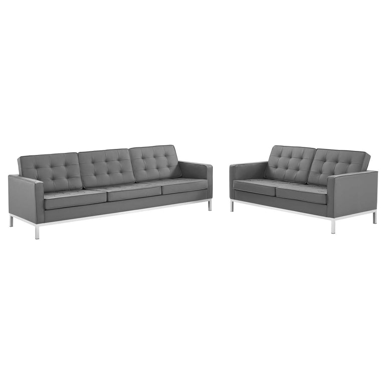 Loft Tufted Upholstered Faux Leather Sofa and Loveseat Set in Silver Gray, EEI-4106-SLV-GRY-SET