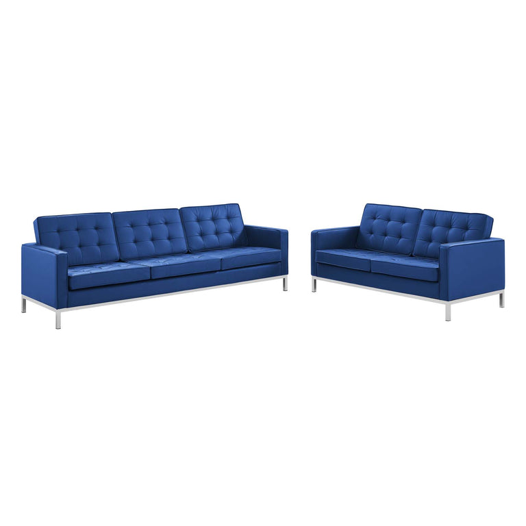 Loft Tufted Upholstered Faux Leather Sofa and Loveseat Set in Silver Navy, EEI-4106-SLV-NAV-SET