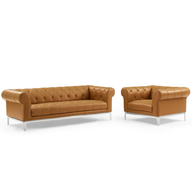 Idyll Tufted Upholstered Leather Sofa and Armchair Set in Tan, EEI-4191-TAN-SET
