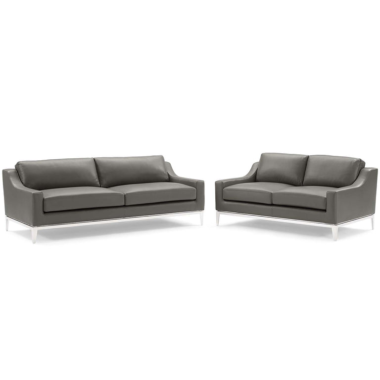 Harness Stainless Steel Base Leather Sofa and Loveseat Set in Gray, EEI-4196-GRY-SET