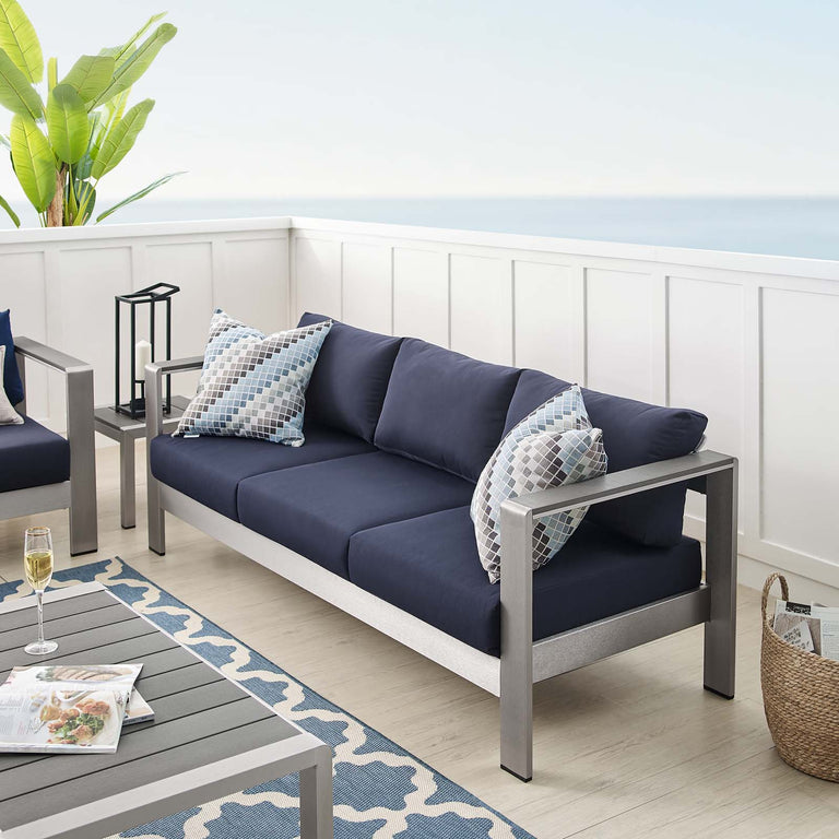Shore Sunbrella® Fabric Aluminum Outdoor Patio Sofa in Silver Navy, EEI-4228-SLV-NAV