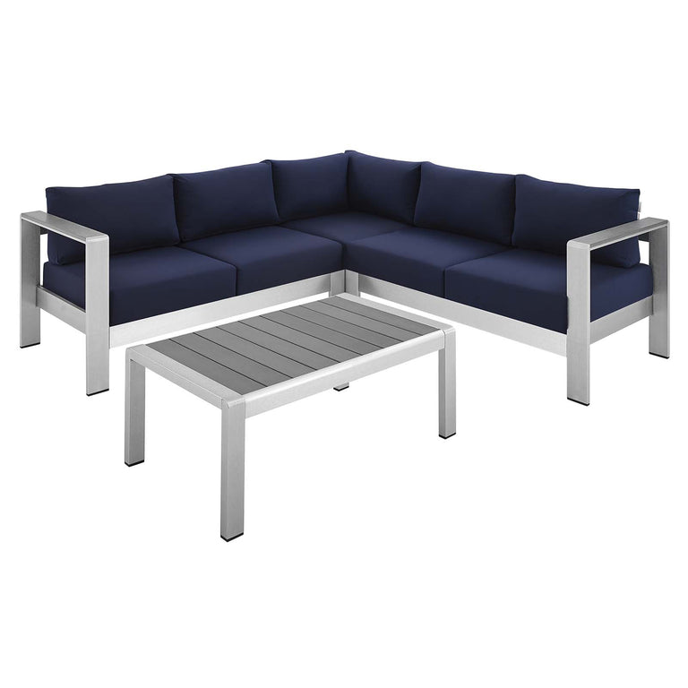 Shore Sunbrella® Fabric Outdoor Patio Aluminum 4 Piece Sectional Sofa Set in Silver Navy, EEI-4314-SLV-NAV-SET