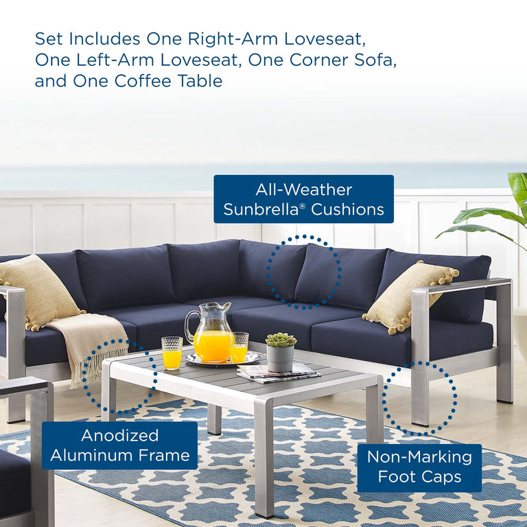 Shore Sunbrella® Fabric Outdoor Patio Aluminum 4 Piece Sectional Sofa Set in Silver Navy, EEI-4314-SLV-NAV-SET