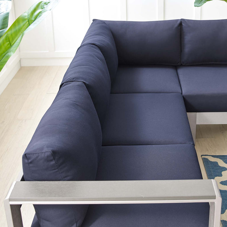 Shore Sunbrella® Fabric Outdoor Patio Aluminum 4 Piece Sectional Sofa Set in Silver Navy, EEI-4314-SLV-NAV-SET