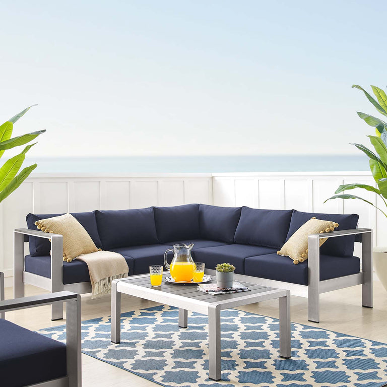 Shore Sunbrella® Fabric Outdoor Patio Aluminum 4 Piece Sectional Sofa Set in Silver Navy, EEI-4314-SLV-NAV-SET