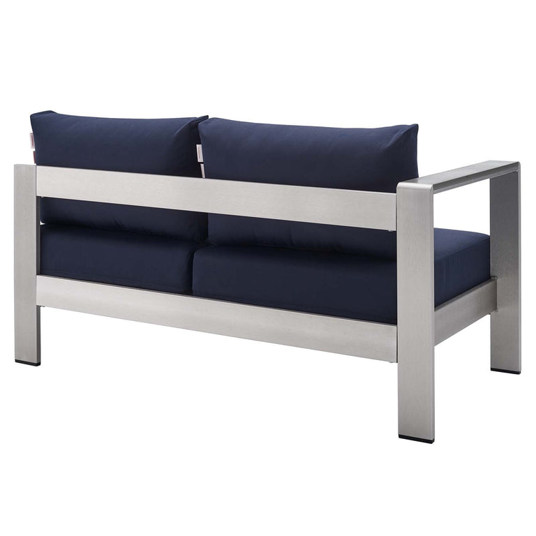 Shore Sunbrella® Fabric Outdoor Patio Aluminum 4 Piece Sectional Sofa Set in Silver Navy, EEI-4314-SLV-NAV-SET