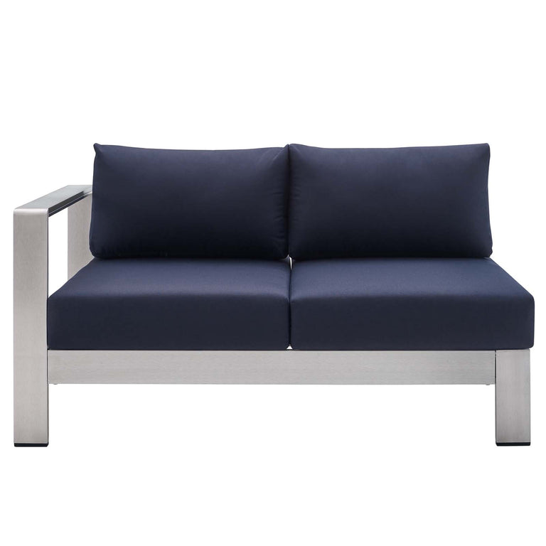 Shore Sunbrella® Fabric Outdoor Patio Aluminum 4 Piece Sectional Sofa Set in Silver Navy, EEI-4314-SLV-NAV-SET